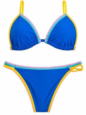 Bikinx Bright Blue Bikini Set Colorful Trim Triangle Swimwear L NWT